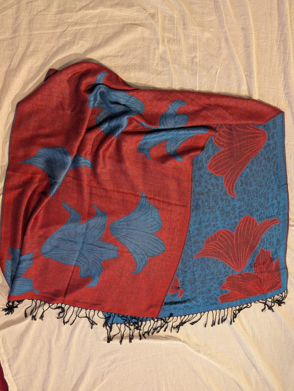 Reversible Floral Pashmina Shawl Wrap Crimson Red Blue Lily Blossom